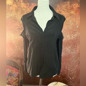 Black Silk Cold-Shoulder Rory Beca button-front blouse